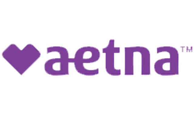 The image shows a logo with the text AETNA prominently displayed, featuring a purple heart shape with a white outline and a stylized N at the end of the word.